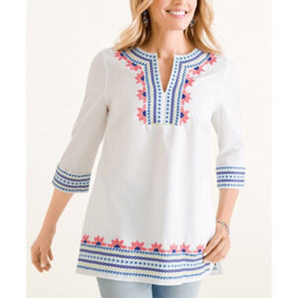 Chico's Tunic Blouse Pullover 3/4 Sleeve Pocket Embroidered Size 2.5/L